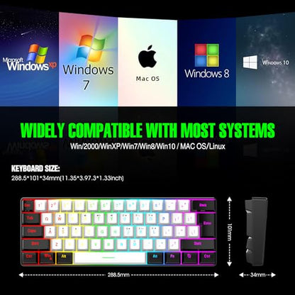 7KEYS 60% Wired Mini Gaming Keyboard, 14+ Mode RGB Light up, 25 Keys Anti-ghosting Mechanical Feel, Portable Ultra Compact 61-Key Black and White for Office Computer/PC/MAC/Laptop