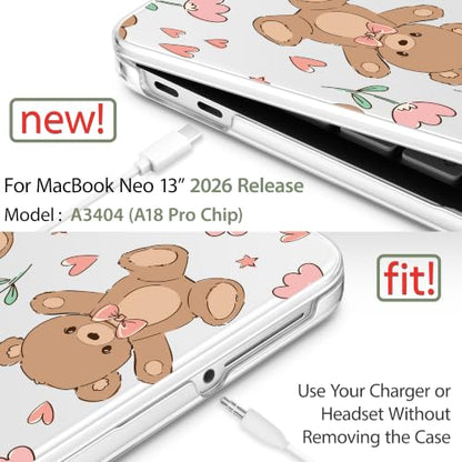 May Chen Compatible with MacBook Neo 13 inch Case 2026 Model A3404, Plastic Hard Shell,Keyboard Cover,Screen Protector,Dust Plug, for MacBook Neo 13" with A18 Pro Chip, Cute Teddy Bear - color: Cute teddy bear