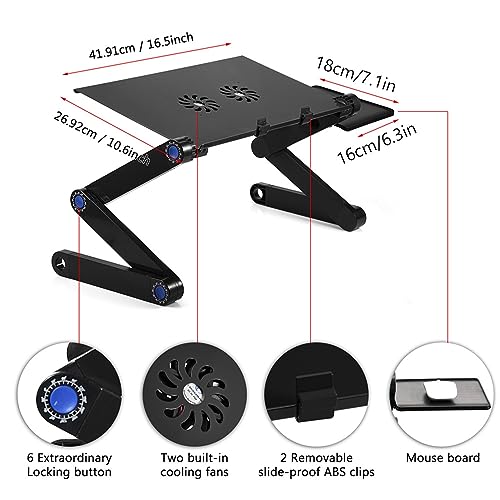 Laptop Stand with Cooling Fan 360° Foldable Laptop Desk Table Holder Board for Bed Sofa Couch Ergonomic Riser - color: Black