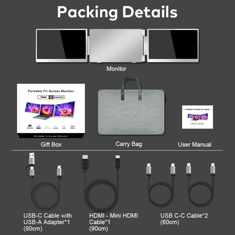 16" Laptop Screen Extender Triple Display - 2560x1600P QHD Portable Monitor, USB C Detachable Plug & Play Extender for 12" -17" Laptops - Compatible with Windows/Android/PS4/MacBook