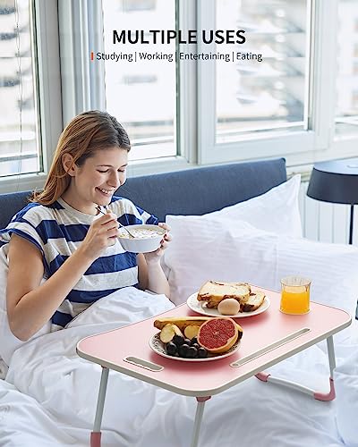 FISYOD Foldable Laptop Table, Portable Lap Desk Bed Table Tray, Laptop Stand with Cup Holder & Tablet Slot & Lifting Handle for Working Writing Drawing & Eating (Pink) - color: Pink