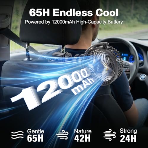XOOL 12000mAh Rechargeable Clip Car Fan, 6-Inch Battery Operated Car Fan with 3 Speeds & 3 Brightness LED Light, Portable Cooling Fan with Sturdy Clamp for SUV, RV, Golf Cart, Camping - size: Rechargeable Clip Fan - Power Bank