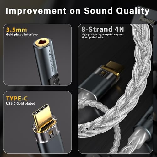 USB C to 3.5mm Adapter with Dual Chip CX31993 MAX97220 DAC Amplifier | Hi-Res DAC Adapter with 8-Strand 4N Single Crystal Copper Silver-Plated Cable, USB C to aux for Android iPhone PC Mac(Grey) - color: Grey