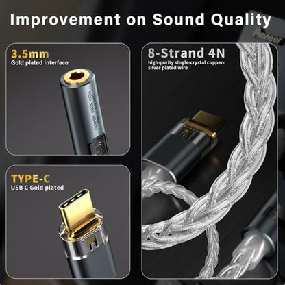 USB C to 3.5mm Adapter with Dual Chip CX31993 MAX97220 DAC Amplifier | Hi-Res DAC Adapter with 8-Strand 4N Single Crystal Copper Silver-Plated Cable, USB C to aux for Android iPhone PC Mac(Grey) - color: Grey