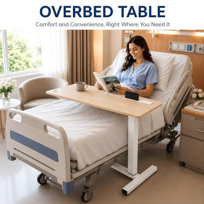 Naomi Home Adjustable Overbed Table with Charging Station, Rolling Hospital Bedside Table with Wheels, Height Adjustable Bed Desk for Laptop, Meals & Recovery Care Natural White - color: Natural, White