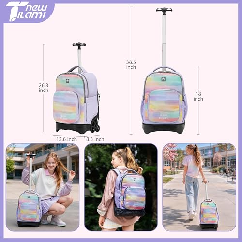 NEW TILAMI 18 Inch Rolling Backpack with Lunch Bag for Girls Boys School | 6-Wheel Stair-Climbing Girls Boys Carry-on Suitcase Water-Resistant Adjustable Trolley Handle Wheels School Travel Camping - color: Mood Map