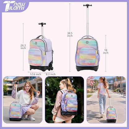 NEW TILAMI 18 Inch Rolling Backpack with Lunch Bag for Girls Boys School | 6-Wheel Stair-Climbing Girls Boys Carry-on Suitcase Water-Resistant Adjustable Trolley Handle Wheels School Travel Camping - color: Mood Map