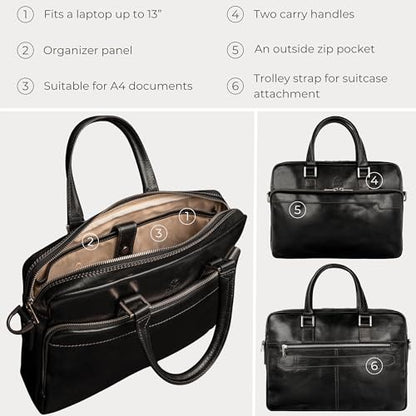 Time Resistance Leather Briefcase - Italian Handmade Leather Laptop Bag - Briefcase for Men and Women - Computer Bag - color: Black