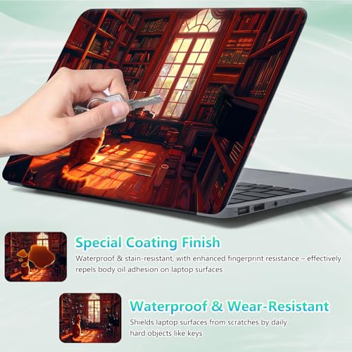 Laptop Skin Sticker Decal 12"-15.6" Universal Laptop/Notebook/Netbook Vinyl - Waterproof Scratch Resistant,Fits HP Dell Lenovo MacBook,2 Free Wrist Pads,Easy Apply & Remove,Cat Bookshelf Red - color: Cat Bookshelf Red