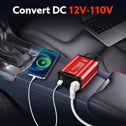 400W Power Inverter DC 12V to AC 110V Car Adapter | PD 30W USB C, QC 18W USB-A Fast Charging Ports, 2 AC Outlets, Car Charger Plug Adapter Outlet for Laptop, Phone, Road Trip - color: Red