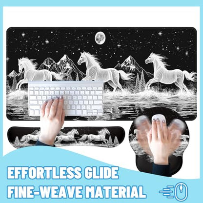 Wild Horses Desk Mat Set Black White Moon Mountain Mouse Pad with Wrist Rest 4in1 Desk Mat for Desktop Ergonomic Computer Desk Arm Wrist Anti-Slip Computer Ergonomic Mouse Pad Home Office Gaming - color: Wild Horses