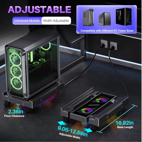 Computer Tower Stand with Charging Station, Cooler Fan and Light, Adjustable PC Stand for Floor, Mobile CPU Stand with 4 Caster Wheels, Under Desk CPU Holder Fits Most PC Tower - style: Socket + Fan