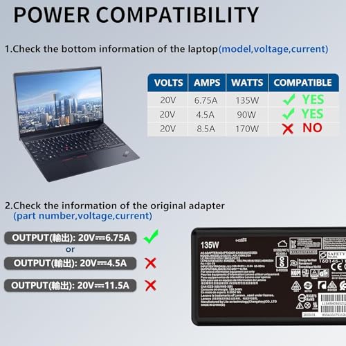 135W Charger Fit for Lenovo Legion Y530 Y730 Y520 Ideapad Y700 Gaming 3 Slim 7 ThinkPad T15p X1P 15v T440P T540 Yoga Slim 7 C940 S740 720 S740 20V 6.7A ADL135NLC3A 4X20E50558 AC Adapter Supply Power