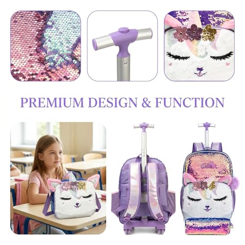 Kids Rolling Backpack for Girls, Champagne Sequins, 3PCS Set | Squinty Eyes, Trolley Suitcases Luggage Travel with Wheels,Bookbag Wheeled Toddler Back Pack Backpacks School Bags Elementary - color: Champagne-0121-miyan