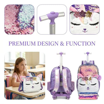Kids Rolling Backpack for Girls, Champagne Sequins, 3PCS Set | Squinty Eyes, Trolley Suitcases Luggage Travel with Wheels,Bookbag Wheeled Toddler Back Pack Backpacks School Bags Elementary - color: Champagne-0121-miyan
