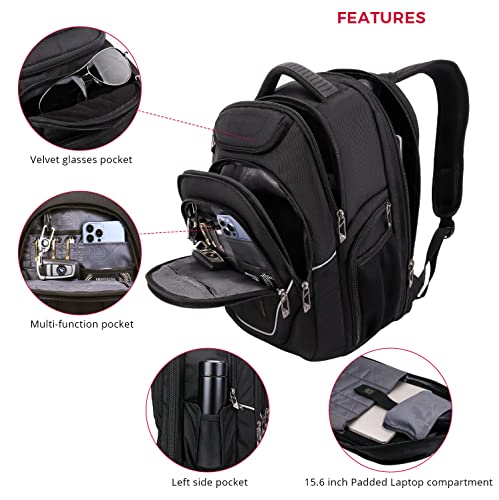 Swissdigital Design Large Travel Backpack For Men, TSA-Friendly Business Laptop Backpack, USB Charging Port，RFID Protection Tech Backpack Fits 15.6Inch Laptop Black/Green | J16BTF-21 - color: Black/Green