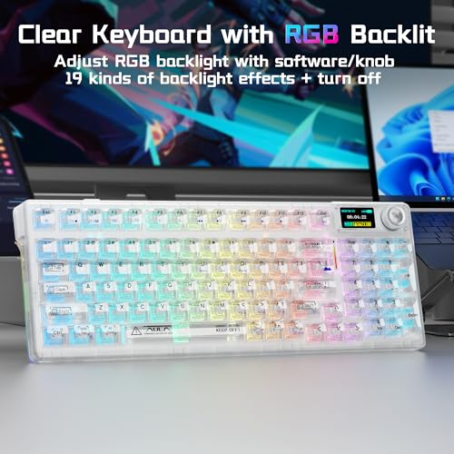 Aula F98Pro V3 Wireless Mechanical Keyboard with Screen & Knob,Tri-Mode Hot Swappable Computer Keyboards,10000mAh Battery,Clear Keycaps RGB Backlit Gasket Mount White Gaming Keyboard for PC/Office - color: White