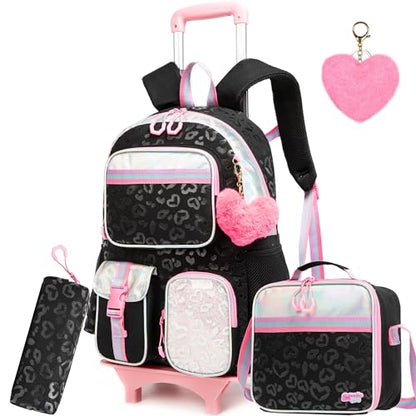 Meetbelify Girls Rolling Backpack with Wheels - Cute Kawaii Carry On Backpack for Elementary Students - Lunch Box Included - Travel Suitcase for Girls 8-10 - color: Love Black