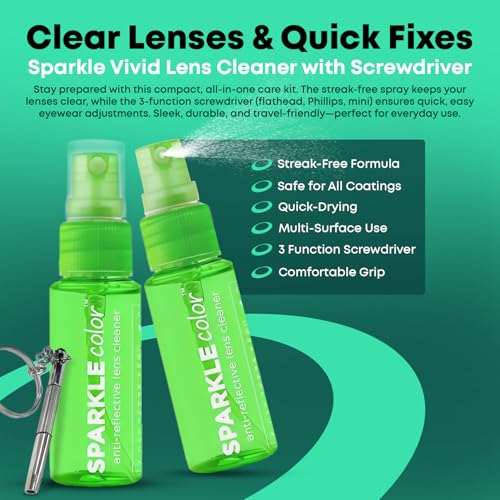 Sparkle Anti-Reflective Safe Lens Cleaner & Repair Kit – (2) 1oz Glasses Cleaner Spray, (2) Microfiber Cloth & Keychain Screwdriver for Eyeglasses, Sunglasses, Lenses & Screens (5 Piece Set) - style: Green | 2x1oz Lens Spray + 2 Microfiber Cloths + 1 Scre