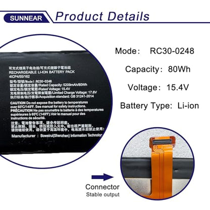 80Wh RC30-0248 Battery for Razer Blade Advanced 15 2018 2019 2020 2021 | 15.4V 5029mAh; 4ICP4/55/162 Battery Replacement for Razer Blade RZ09-0367 RZ09-0330 RZ09-03018 RZ09-0301 RTX 2070 3080 - size: 15.00*4.45*1.30 inches RC30-0248