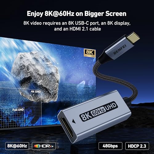 BENFEI USB C to HDMI 2.1 Adapter (8K@60Hz, 4K@240Hz, Aluminum Shell, Nylon Braided) Compatible with iPhone 15/16 Pro/Max, MacBook Pro/Air 2023, iPad Pro, Surface Book 2 More - size: 1 Pack, style: 8K@60Hz