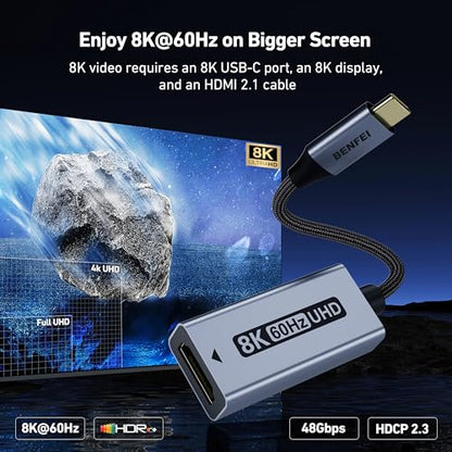 BENFEI USB C to HDMI 2.1 Adapter (8K@60Hz, 4K@240Hz, Aluminum Shell, Nylon Braided) Compatible with iPhone 15/16 Pro/Max, MacBook Pro/Air 2023, iPad Pro, Surface Book 2 More - size: 1 Pack, style: 8K@60Hz