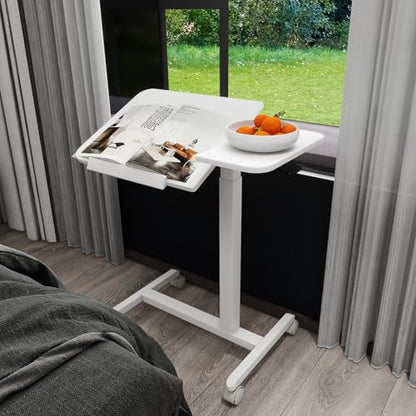 PUNCIA 28" Overbed Table with Split Tilting Desktop,Pneumatic C Table,White | Mobile Laptop Desk for Bedside, Height Adjustable End Table with Wheels, Computer Cart for Home Sofa Office & Hospital Use - color: White