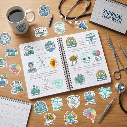 100 Pcs Surgical Tech Stickers Surgical Technologist Gifts | Surgical Tech Stickers for Appreciation, Waterproof Vinyl, Doctor Decals for Luggage Guitar Laptop Journaling Water Bottle - style: Surgical Tech