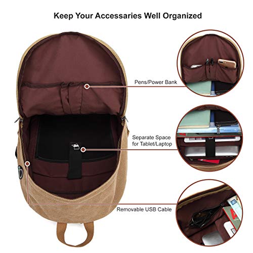 Canvas Laptop Backpack, Waterproof School Backpack With USB Charging College - color: Brown