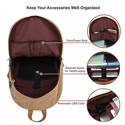 Canvas Laptop Backpack, Waterproof School Backpack With USB Charging College - color: Brown