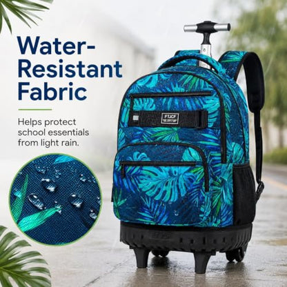 3Pcs Rolling Backpack for Boys Men, Travel Roller Backpacks with Wheels for Adults, Teens College Leaf Wheeled Bookbag with Lunch Box(Green) - color: Green Leaf