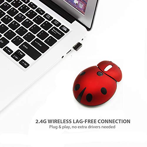 YOCUNKER Mini Cute Wireless Mouse, Portable Mobile Optical Mouse for Kids,Small Tiny Animal Ladybug Shape Cordless Mouse with USB Receiver for Computer Laptop Desktop PC (Red)