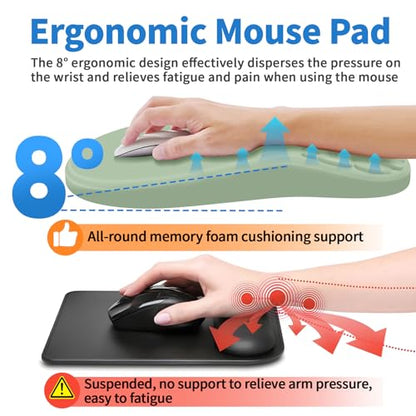 YIWEI Ergonomic Mouse Pad with Wrist Rest for Carpal Tunnel Pain Relief | Memory Foam Wrist Support,Non-Slip Rubber Base, Keyboard Computer Mousepad,Lycra Cloth Surface,Gaming Home Office - color: Green