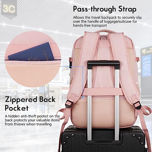 Large Travel Backpack Women, Flight Approved Carry On Backpack, Water Resistant Anti-Theft Large Casual Daypack Fit 17 Inch Laptop with USB Charging Port, Pink - color: Pink, size: 17.3 inch