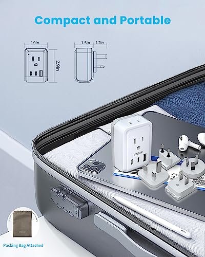 Universal Travel Adapter Kit, VINTAR International Plug Adapter with 3 USB Ports(2 USB C, 3.4A) and 2 American Outlets, Type A,C,G,I Detachable Attachments, Adapter for US/Japan/Europe/UK/AUS - style: Type A/C/G/I- Universal Adapter