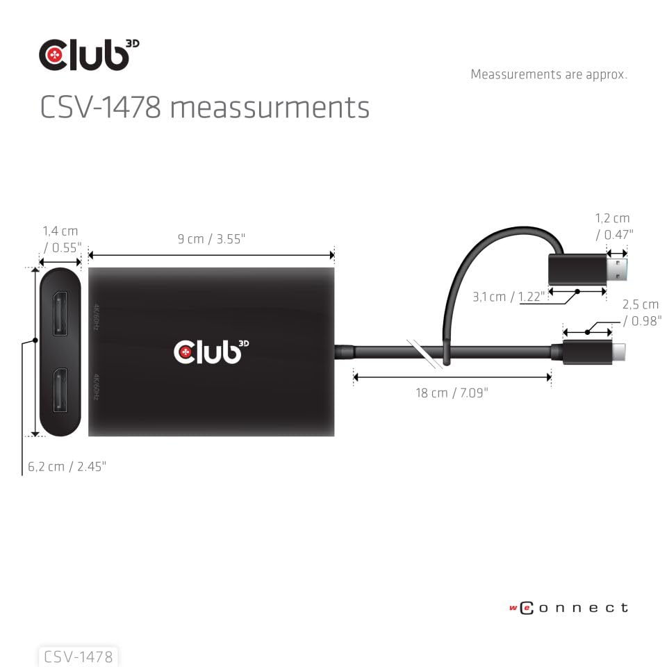 Club 3D CSV-1478 USB-C(with USB Type A Adapter) to Dual DisplayPort Video Splitter 4K60Hz