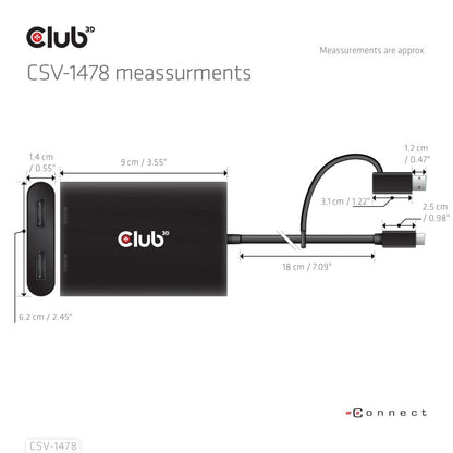 Club 3D CSV-1478 USB-C(with USB Type A Adapter) to Dual DisplayPort Video Splitter 4K60Hz
