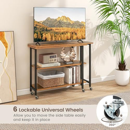 Giantex 360° Free Rotating Sofa Side Table, Mobile L-Shaped Laptop Desk with Sturdy Metal Frame, 6 Universal Casters, Movable Couch Snack Table with 2-Tier Storage Shelf for Home (Brown) - color: Brown