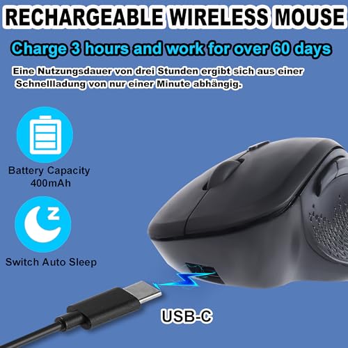 Bluetooth Wireless Mouse, Bluetooth 5.2/3.0 + 2.4 GHz USB Rechargeable Ergonomic Optical Mice, Quiet Click, Multi-Device, Portable 6 Buttons 1600D-PI for Laptop,PC,iPad,Mac,Tablet,Computer,Surface