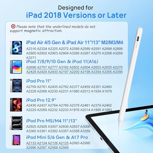 Stylus Pen for Apple iPad A16/11th 2026-2018 iPad Pencil A16/11/10/9/8/7/6,Air 11"/13" M4/M3/M2/5th-3rd,Pro 13"/12.9"/11"/M5/M4,Mini A17 Pro/6/5th Stylus Palm Rejection Tilt Sensitivity Fast Charge - color: White, size: 1pack