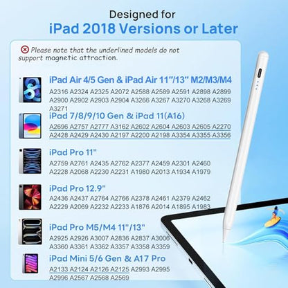 Stylus Pen for Apple iPad A16/11th 2026-2018 iPad Pencil A16/11/10/9/8/7/6,Air 11"/13" M4/M3/M2/5th-3rd,Pro 13"/12.9"/11"/M5/M4,Mini A17 Pro/6/5th Stylus Palm Rejection Tilt Sensitivity Fast Charge - color: White, size: 1pack