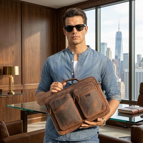 Slim Genuine Leather Briefcase For Men Fits 16 Inch Laptop Satchel 'The StatesMan' Computer Messenger Bags For Business Office Work