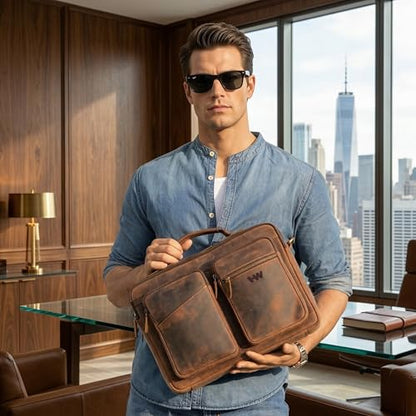 Slim Genuine Leather Briefcase For Men Fits 16 Inch Laptop Satchel 'The StatesMan' Computer Messenger Bags For Business Office Work