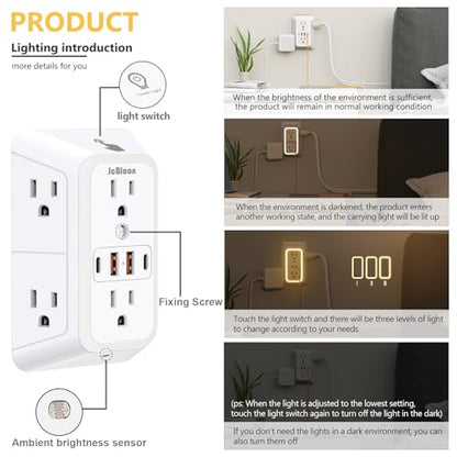 Wall Outlet Extender with Night Light, Power Plug Adapter Multi Plug Outlet Surge Protector with 4 USB Charging Ports (2 USB C), Adapter Spaced Outlets for Home Travel Office-ETL - color: White with Night Light