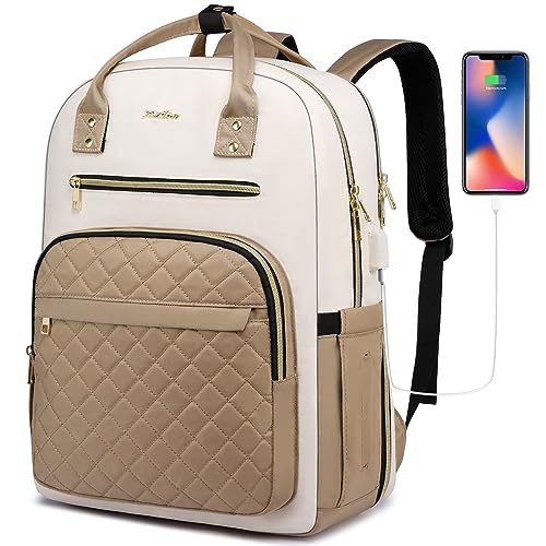 YAMTION 17 Inch Backpack for Women and Teen Girls,School Backpack TSA Laptop Bookbag with USB for College University Students Business Office Work Travel - color: Khaki Beige, size: 17.3 inch