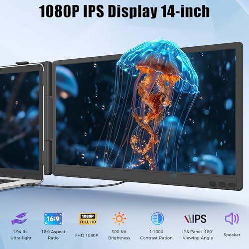 14" Laptop Screen Extender, Portable Monitor for Laptops 13-17.3", 1080P FHD IPS Dual Screen Monitor for Laptop with USB-C/HDMI, Screen Extender Portable Laptops with Plug&Play for Windows/Mac/Android