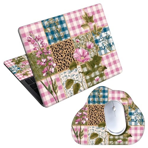 Laptop Skin Sticker Decal 15-15.6 Inch with Cute Mouse Pad, Universal Reusable Vinyl Sticker for 12.1 13 13.3 14 15.4 Inch Netbook and Notebook PC, Gingham Floral Patchwork - color: Gingham Floral Patchwork