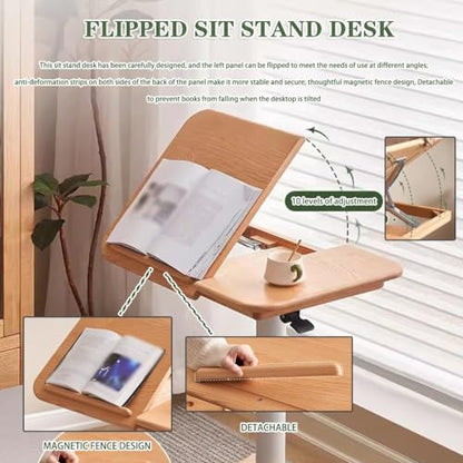Sit Stand Hospital Workstation, Height Adjustment Stand Up Desk, Flipped Mobile Podium, Sofa Side Table with Rollers(Natural) - color: Natural