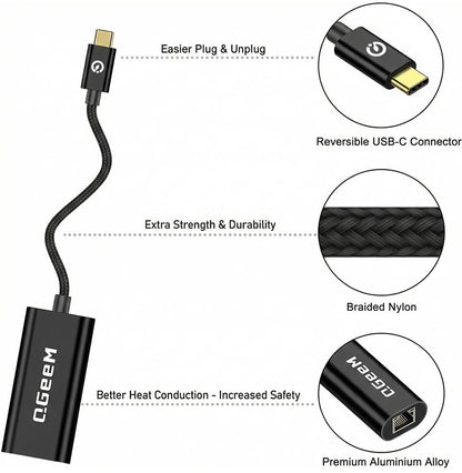 QGeeM USB C to Ethernet Adapter, 1000Mbps Gigabit RJ45 LAN Network Dongle, Thunderbolt 4/3 Compatible, Braided Nylon Aluminum Case for iPhone 17 16 15 Pro Max, MacBook Pro/Air M3 M2, iPad, XPS - Black - color: Black