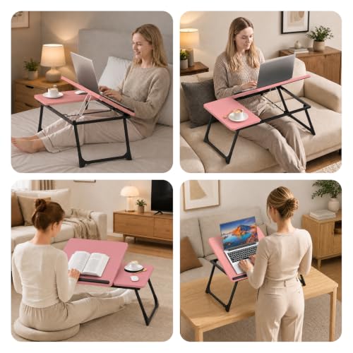 Laptop Bed Desk, 5-Angle Adjustable Bed Laptop Table with Cup Holder | Foldable Laptop Stand for Couch & Sofa, Portable Laptop Tray for Adults Writing Reading Eating, Pink - color: Pink